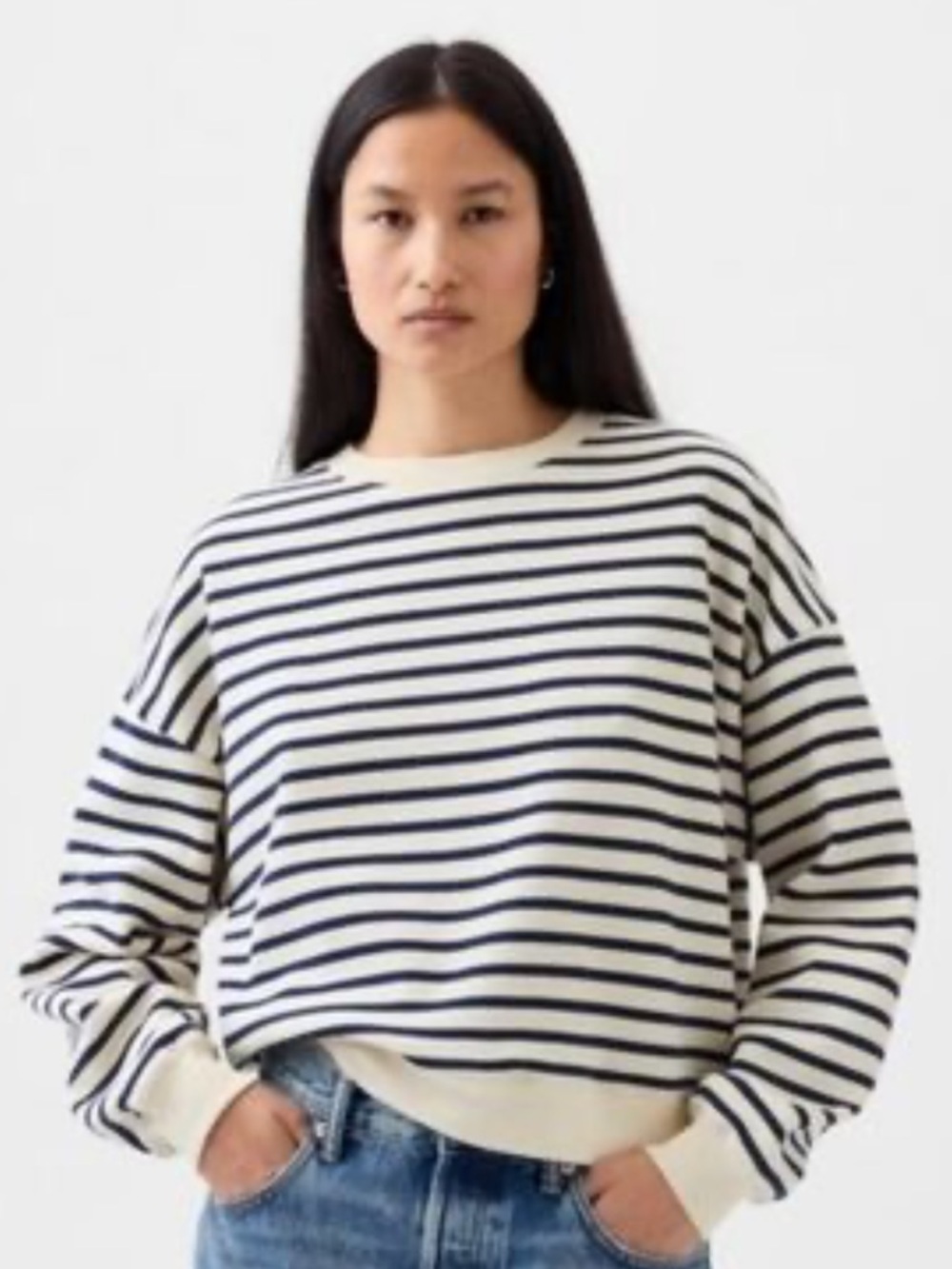 GAP Cropped Crewneck Sweatshirt in Navy Stripe